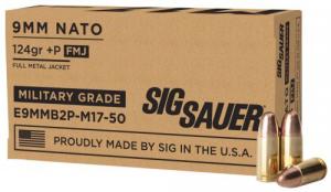 Main product image for Sig Sauer E9MMB2PM1750 Military Grade 9mm NATO +P 124 GR Full Metal Jacket 50 Bx/ 20 Cs