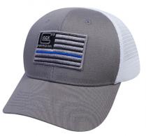 Glock Blue Line Flag Mesh Snapback Hat Gray/White w/Thin Blue Line Flag Woven Patch - 137