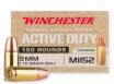 Winchester Active Duty Mil-Spec Full Metal Jacket Flat Nose 9mm Ammo 115 gr 100 Round Box - WIN9MHSC