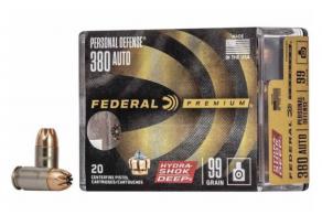 Federal Premium Personal Defense 380 ACP 99 gr Hydra-Shok Deep Hollow Point 20 Bx/ 10 Cs - P380HSD1 Federal Premium Personal Defense 380 ACP 99 gr Hydra-Shok Deep Hollow Point 20 Bx/ 10 Cs - P380HSD1