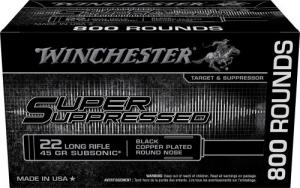 Winchester SUP.22 LRB Super Suppressed .22 LR 45gr Black Copper Plated Round Nose 800rd Box - SUP22LRB Winchester SUP.22 LRB Super Suppressed .22 LR 45gr Black Copper Plated Round Nose 800rd Box - SUP22LRB