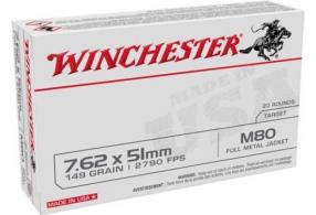 Winchester Lake City M80 7.62 NATO Ammunition 149gr FMJ 20 Round box - WM80 Winchester Lake City M80 7.62 NATO Ammunition 149gr FMJ 20 Round box - WM80