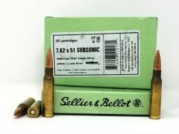 Sellier & Bellot Subsonic .308 Winchester Ammo 200gr HPBT, 20rd Box - SB762SUBA