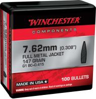 Winchester  Centerfire Rifle Reloading Bullets 7.62mm .308 147 gr Full Metal Jacket Boat-Tail (FMJBT) 100 Per Box - WB762M147X