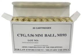 ARMSCOR Rifle Ammo 5.56 FMJ 55GR M193 20rd box - 50174 ARMSCOR Rifle Ammo 5.56 FMJ 55GR M193 20rd box - 50174