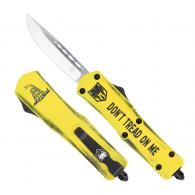 CobraTec Knives Don't Tread on Me Medium 3" OTF Drop Point Plain D2 Steel Blade Yellow Cerakoted Aluminum w/"Don't  - MDTOMFS-3DNS