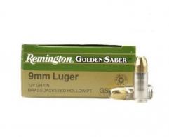Remington Ammunition Golden Saber Defense 9mm 124 gr Brass Jacket Hollow Point (BJHP) 20 Bx/ 25 Cs for Compact Handg - 27613 Remington Ammunition Golden Saber Defense 9mm 124 gr Brass Jacket Hollow Point (BJHP) 20 Bx/ 25 Cs for Compact Handg - 27613