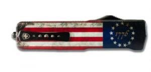 Templar Knife Premium Weighted 3.16" OTF Tanto Plain Black Oxide Stonewashed Powdered D2 Steel Blade/Betsy Ross Flag Al - MZBRF221 Templar Knife Premium Weighted 3.16" OTF Tanto Plain Black Oxide Stonewashed Powdered D2 Steel Blade/Betsy Ross Flag Al - MZBRF221