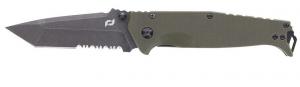 Schrade Melee 3.50" Folding Tanto Part Serrated Dark Stonewash D2 Steel Blade 4.50" OD Green G10/SS Handle - 1159324 Schrade Melee 3.50" Folding Tanto Part Serrated Dark Stonewash D2 Steel Blade 4.50" OD Green G10/SS Handle - 1159324