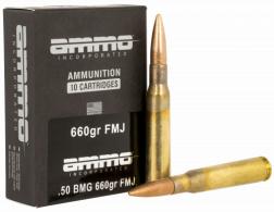 Ammo Inc 50BMG660FMJA10 Incorporated 50 BMG 660 gr Full Metal Jacket (FMJ) 10 Per Box/ 5 Cs - 1152
