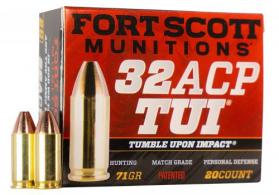 Fort Scott Munitions 32ACP71SCV Tumble Upon Impact (TUI) 32 ACP 71 gr Solid Copper Spun 20 Per Box/ 25 Case - 1111 Fort Scott Munitions 32ACP71SCV Tumble Upon Impact (TUI) 32 ACP 71 gr Solid Copper Spun 20 Per Box/ 25 Case - 1111