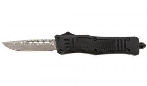 Steel River Knives Spartan Mini 2.75" OTF Drop Point Plain Real Damascus 4.25"/ Black Aluminum Zinc Alloy Handle - 1195 Steel River Knives Spartan Mini 2.75" OTF Drop Point Plain Real Damascus 4.25"/ Black Aluminum Zinc Alloy Handle - 1195