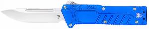 CobraTec Knives Special Forces 3.25" OTF Drop Point Plain Satin D2 Steel Blade, 4.75" Blue Textured Anodized Aluminum H - 1001