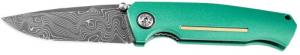 Boker 3.22" Drop Point Plain Damascus Blade Green Aluminum Handle - 111102DAM
