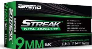 Ammo Inc Streak Visual (GREEN) 9mm 124gr Jacketed Hollow Point 20 Per Box/10 Case - 9124JHPSTRKGRN
