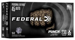Federal Punch Handgun Ammo, 45 Auto, 230 Grain, Jacketed Hollow Point, 50 Rounds - PD45P1G