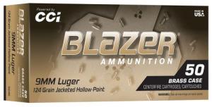 CCI Blazer Brass 9mm 124gr Jacketed Hollow Point, 50rd Box - 5246 CCI Blazer Brass 9mm 124gr Jacketed Hollow Point, 50rd Box - 5246
