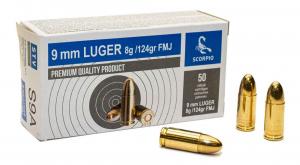 Scorpio Full Metal Jacket 9mm Ammo 124gr 50 Round Box - AS9A Scorpio Full Metal Jacket 9mm Ammo 124gr 50 Round Box - AS9A