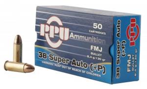 PPU Handgun 38 Super +P 130 gr Full Metal Jacket (FMJ) 50 Bx/ 10 Cs - PPH38SU