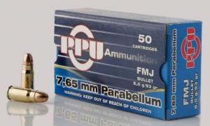 PPU Handgun 7.65 Parabellum 93 gr Full Metal Jacket (FMJ) 50 Bx/ 20 Cs - PPH765P