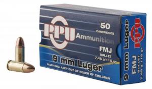 PPU Handgun 9mm Luger 115 gr Full Metal Jacket (FMJ) 50 Bx/ 20 Cs
