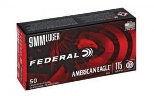 Federal American Eagle Full Metal Jacket 9mm Ammo 115 gr 50 Round Box - AE9DP Federal American Eagle Full Metal Jacket 9mm Ammo 115 gr 50 Round Box - AE9DP