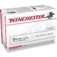 Winchester USA Full Metal Jacket 9mm Ammo 115 gr 100 Round Box