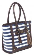 Tote Style Purse With Holster Navy Stripe With Brown Trim and Handles - BDP-050 Tote Style Purse With Holster Navy Stripe With Brown Trim and Handles - BDP-050