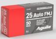 Main product image for Aguila Ammunition 25 ACP, 50Gr, Full Metal Jacket, 50 rds Brass Casing
