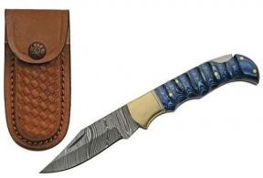SZCO RITE EDGE 3" BLUE GROOVED WOOD DAMASCUS LOCKBACK W/SHTH - DM1303BL SZCO RITE EDGE 3" BLUE GROOVED WOOD DAMASCUS LOCKBACK W/SHTH - DM1303BL
