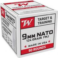 Winchester USA  9MM Ammo  124GR FMJ 50 Round Box - w9nato50