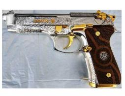 Beretta 92 9mm, 4.9" Barrel, High Polish Nicklel Engraved with Gold Accents, Wood Grips, 15 Rounds - J92F630GPWG