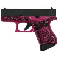 Glock G43 Sub Cmpt 9MM (2) 6rd 3.4" Pink Sugar Skull Engraved Frame Black Slide - UI4350201SKP Glock G43 Sub Cmpt 9MM (2) 6rd 3.4" Pink Sugar Skull Engraved Frame Black Slide - UI4350201SKP