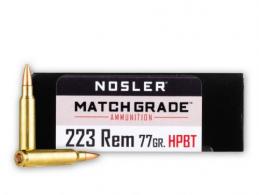 Main product image for Nosler Match Grade Custom Competition Boat Tail Hollow Point 223 Remington Ammo 77 gr 20 Round Box