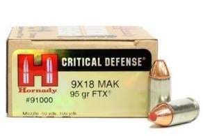 Hornady Critical Defense Ammo  9X18mm Makarov 95gr FTX  25 Round Box - 91000