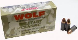 Wolf Military 9mm Full Metal Jacket 115 GR 1150 fps 500 Round - MC919FMJ Wolf Military 9mm Full Metal Jacket 115 GR 1150 fps 500 Round - MC919FMJ