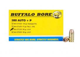 Buffalo Bore Personal Defense Jacketed Hollow Point 380 ACP+P Ammo 20 Round Box - 27C/20 Buffalo Bore Personal Defense Jacketed Hollow Point 380 ACP+P Ammo 20 Round Box - 27C/20