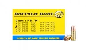 Buffalo Bore Ammunition 24C/20 Pistol 9mm +P+ 147 gr Jacketed Hollow Point (JHP) 20 Bx/ 12 Cs - 24C/20 Buffalo Bore Ammunition 24C/20 Pistol 9mm +P+ 147 gr Jacketed Hollow Point (JHP) 20 Bx/ 12 Cs - 24C/20