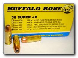 Buffalo Bore Ammunition 33E/20 Pistol 38 Super +P 147 gr Jacketed Hollow Point (JHP) 20 Bx/ 12 Cs