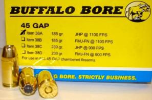 Buffalo Bore Ammunition 38A/20 Pistol 45 GAP 185 gr Jacketed Hollow Point (JHP) 20 Bx/ 12 Cs