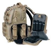 G*Outdoors T1612BPT Tactical Range Backpack Tan 1000D Nylon Teflon Coating with 3 Pistol Storage Cases, Visual ID Storage System
