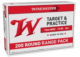Winchester Full Metal Jacket Target and Range Ammunition,9mm Ammo 115 gr 200 Round Box - USA9W