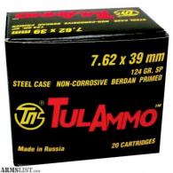 Tulammo Centerfire Rifle 7.62X39mm 124GR Soft Point 40Bx/25Cs - UL076213 Tulammo Centerfire Rifle 7.62X39mm 124GR Soft Point 40Bx/25Cs - UL076213